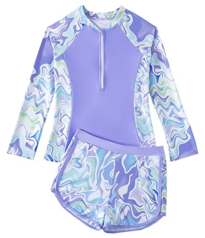 Girls Swimming Costume Rash Vest Padded Bras 8-13 Years, Long Sleeve Kid Tankini Swimsuit Two Pieces Swim Suit Tween Swimwear Top with Boyleg Short, Purple 12-13 Years