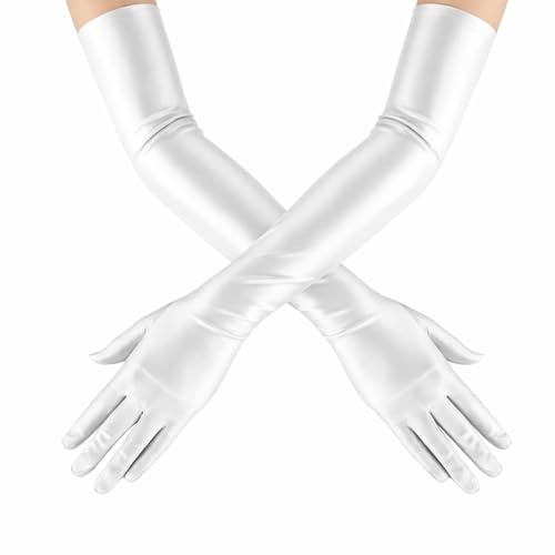 BOBITALK 1 Paar Weiße Lange Handschuhe, Weiße Handschuhe Lang Damen Elegant,Seidenhandschuhe Satin Elastic Abendhandschuhe Stoff für Brauttanz, Kostüm, Sexy Damen, Hochzeit, Abschlussball