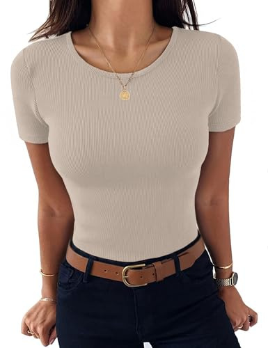 Aottori T-Shirt Donna Girocollo Maglietta Manica Corta Estiva Basic Top a Coste Elasticizzato Elegante Tee Shirt Slim Fit Sexy Casual Beige S
