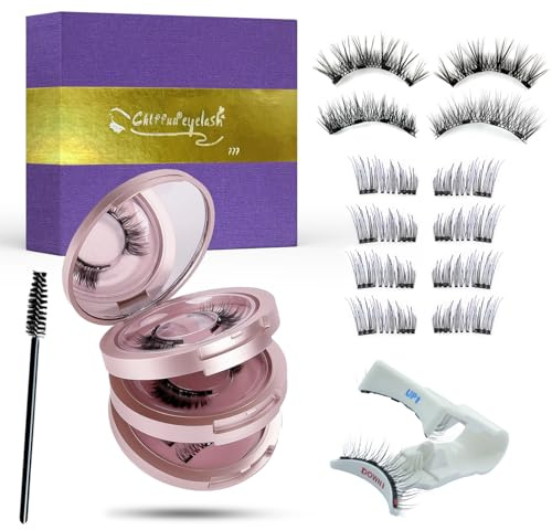 Chlffua Magnetische Wimpern Pink Set – 4 Paare Falsche Wimpern Natürlich Look mit Applikator, Halb & Vollwimpern, Wiederverwendbare Magnetwimpern ohne Kleber, 3-Lagen Box mit Spiegel