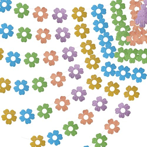 LFUTARI 12 Pack Glitter Spring Flower Banner, Easter Flower Paper Hanging Garland, Spring Glitter Floral Cutouts Banner for Easter Spring Birthday Party Supplies Wall Fireplace Mantel Decor