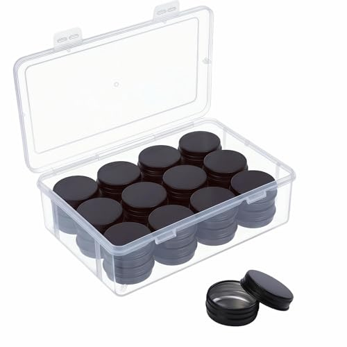 LJY 24-Pack 0.5oz Aluminum Tins with Screw Lids in Clear Storage Case, 15ml Round Empty Metal Containers for Lip Balm,Salves,Spices,Crafts, Small Cosmetic Sample Jars,Mini Candle Tins (Black)