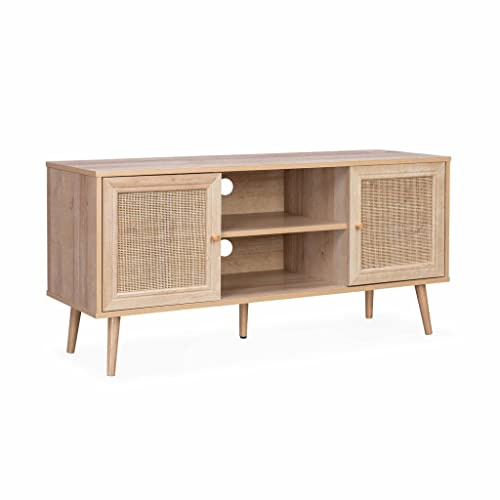 Alice's Home - TV-Möbel mit Rattangeflecht 120 x 39 x 56,5 cm - 2 Ebenen, 2 Einlegeböden, 2 Türen, skandinavische Beine - Bohème
