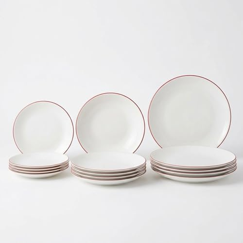 SANTA CLARA | Vajilla Completa 12 Piezas Vidrio Opal para 4 Personas, Apta Microondas y Lavavajillas, Vajilla Amalfi Roja Decorada para Hogar y Cocina
