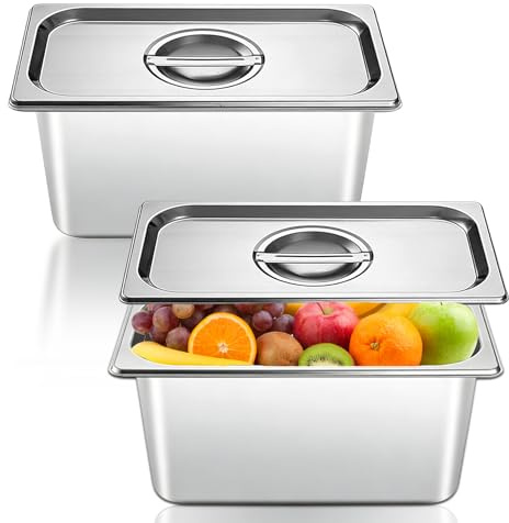 PRITOK Stainless Steel Gastronorm Pan: 2PCS Square Stainless Steel Food Containers with Lids, Deep Gastronorm Pan with Lids, Bain Marie Food Containers, for Kitchens and Catering 32.5×17.5×15cm/Silver