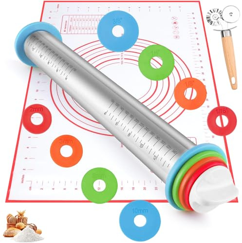 Juego de Rodillo Amasar Cocina Acero Inoxidable con 4 Discos Ajustables Anillo Grosor y Cortador Mango Madera, Utensilios Repostería Profesionales para Fondant, Pastelería, Pizza, Galletas y Masa