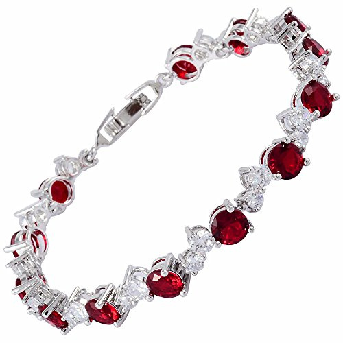 RIZILIA Tennis Armband [19cm/7.5inch] mit Rundschliff Edelstein Zirkonia CZ [Rot Rubin] in 18K Weißgold Vergoldet, Einfache Moderne Eleganz
