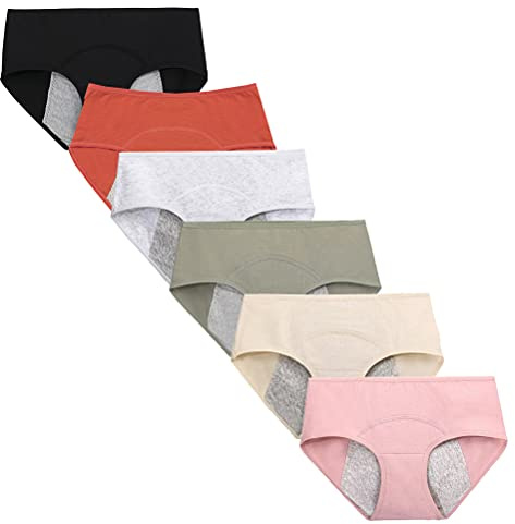 Kissecret Ragazze Adolescenti in Cotone mestruale Periodo Intimo Slip Confezione da 6 Pezzi di Mutandine protettive Traspiranti a Flusso Pesante a Prova di perdite (L, 6 Colori)