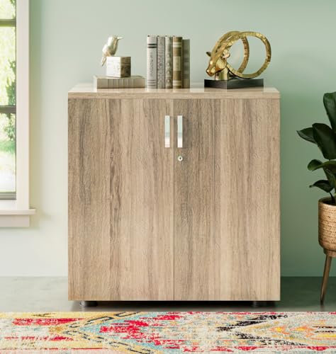 Hallowood Furniture Dudley Small Office Cupboard with Laminated Oak Finish, Lockable Cabinet with Shelf, Wooden Home Office Filing Cabinet, Book Case, Living Room Shoe Cupboard