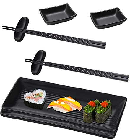 Platos de Sushi 8 Piezas, Juego de Sushi, 2 Platos de Sushi, 2 Cuencos de Cerámica, 2 pares de Palillos, 2 Cuencos para Salsa, Negro