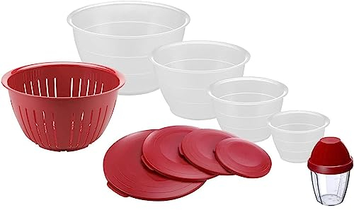 Westmark Set, 4 Schüsseln inkl. Deckeln und Seiher, 9 teilig + Schüttelbecher, Fassungsvermögen: 0,6/1,3/2,5/4,4 Liter, Kunststoff, BPA-frei, Olympia, Farbe: Transparent/Rot, 242022E8