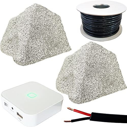 Loops 80W Speaker System - Compact WiFi Stereo Mini Amplifier - 2x Outdoor Rated Weatherproof Granite Rock Effect Speakers - Wireless App Controlled Garden Speaker Kit