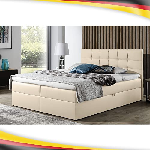 FURNISTAR Boxspringbett Doppelbett Leo - Bett mit Bonellmatratze, mit Bettkasten für Bettwäsche und Topper. Widerstandsfähiger und angenehm zu berührender Kunstleder mit Bettkasten (Beige, 140x200)