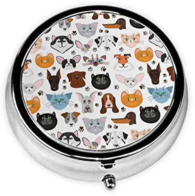 Danlim Runde Tablettenbox aus Edelstahl, tragbar, kleine Pillendose, Cartoon, Katze und Hund