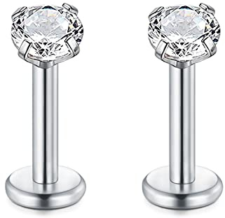 Rajnard Argento Labbro Piercing Stud 16G 1,2mm in Acciaio Chirurgico elica Orecchini 6mm di Lunghezza Cartilagine Tragus Labret Piercing con 3mm Zircon Filo Interno Piercing Gioielli