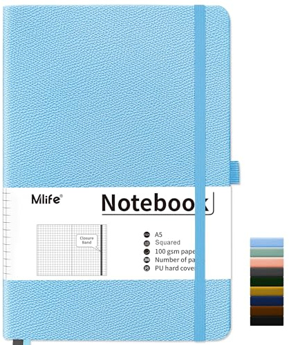 Mlife Quaderno a5 Quadretti, Taccuino con 200 Pagine, Carta Spessa 100g/m² Resistente all'inchiostro, Quaderni con Copertina Rigida in PU, Tasca Interna, Banda Elastica, Journal & Diary (Azzurro)