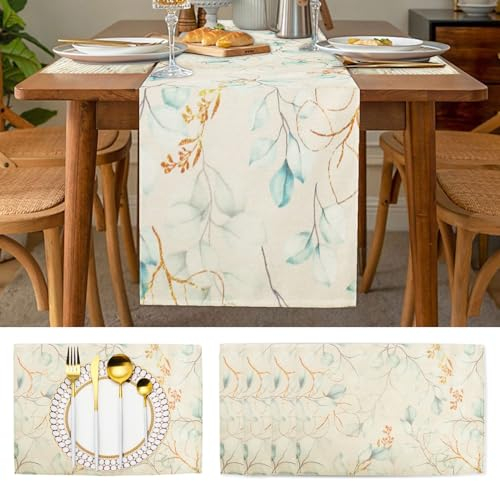 Aitsite Eukalyptus Tischläufer Platzset Set，Tischläufer Abwaschbar mit 4er Tischset Küche Esstisch Dekoration 30x180cm