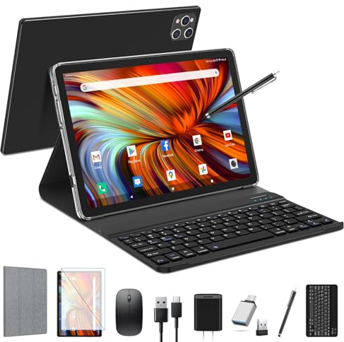 EITOMIN Android Tablet 2026 Latest 10 inch Tablet with Keyboard,128GB ROM 16GB RAM TF1TB Expand,Octa-Core,5GWiFi,1080FHD,13MP+8MPCamera,Bluetooth5.0,GPS,Mouse,Case,Black