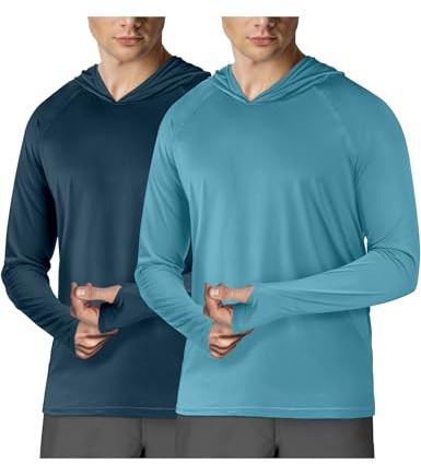 Långärmad huvtröja för herr, 2-pack, UPF 50+ solskydd, rashguard, fiske, utomhus, löpning, sol, UV-tröjor, snabbtorkande, XL