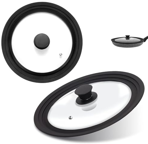 Display Guru Couvercle universel pour casseroles, poêles et poêles, en verre trempé avec poignée en silicone résistant à la chaleur, convient aux poêles de 16 à 32 cm de diamètre (28/30/32 cm)