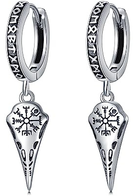 ROMANTICWORK 925 Sterling Silber Wikinger Ohrringe für Männer Frauen Wikinger Rabe/Spike Hängend Huggie Creolen Nordische Wikinger Runen Schmuck Geschenke