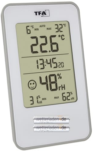 TFA Dostmann Digitales Thermo-Hygrometer, 30.5057, Hygrometer mit Raumthermometer, zur Schimmelvermeidung, für Wohnzimmer, Garage, Schlafzimmer geeignet, 72x16x120 mm (Weiss mit Batterien)