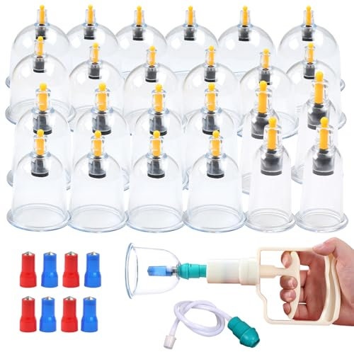 Gemsaya 24 Stück Schröpfgläser Set mit Vakuumpumpe, Schröpfset mit Starker Saugleistung, Schröpfgerät & Massage Set mit Pumpgriff und Verlängerungsrohr, Cupping Set für Linderung Muskelermüdung