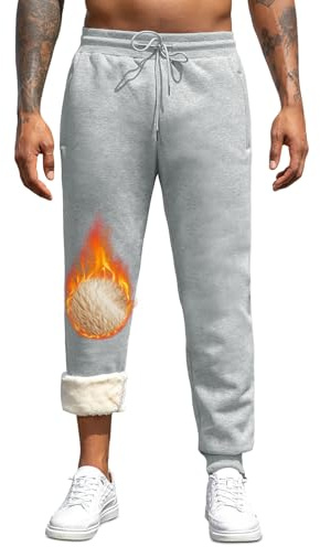 TMEOG Träningsbyxor för män och vinterbyxor i bomull med termisk fleece för sport, med dragsko och blixtlåsficka, Grå (med manschetter), M