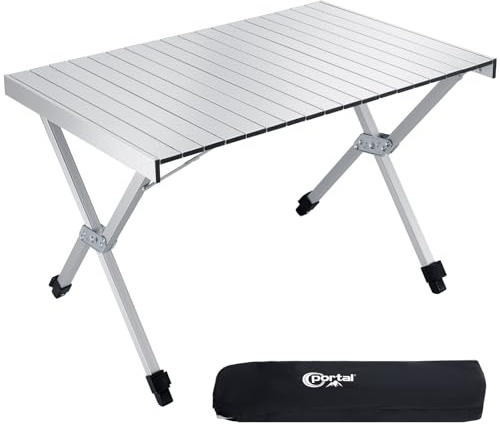 Portalal Campingbord, vikbart, höjdjusterbart med nätficka, vikbord, aluminium, 108 x 71 cm, rullbart, campingbord, fällbart bord, lätt för picknick, fest, trädgård, vandring, resor