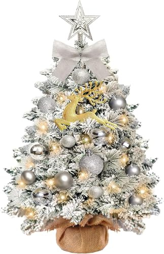 KOIUEYW Sapin de Noël artificiel avec éclairage, mini sapin de Noël avec LED et neige, arbre de Noël artificiel petit, sapin de Noël en plastique pour décoration de Noël, 60 cm