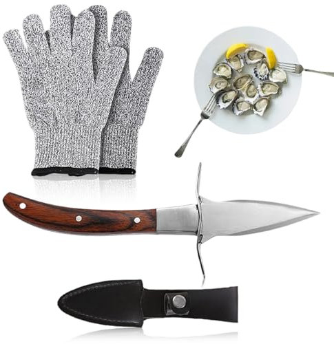 Oyster Knife and Gloves Set, Oyster shucking knife, Oyster Shucker Opener Kit, Oyster Opener Tool Kit, Clam Seafood Tools with Wooden Handle, Seafood Tools Gift Set of 2, Suitable for Oysters Lover