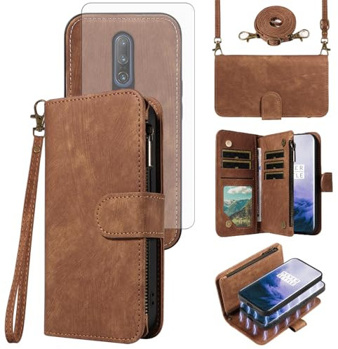 Asuwish Funda para teléfono OnePlus 7 Pro con cremallera, funda magnética desmontable con protector de pantalla de vidrio templado, cordón cruzado OnePlus7Pro 5G One Plus 1+7 1Plus OnePlus7 7Pro One+