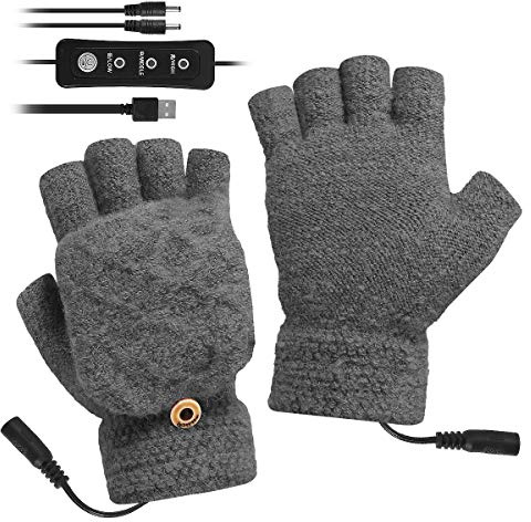 Petyoung Unisex USB Heated Gloves Adjustable Temperature Winter Full & Half Fingers Warmer Laptop Gloves Mittens for Women Men Girls Boys (Grey, One Size)