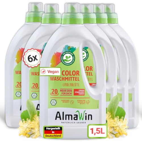 AlmaWin® Color Waschmittel flüssig [6x 1,5L - 120 Ladungen] mit Lindenblüten-Duft für strahlende Reinheit – Öko Waschmittel Color anwendbar für 30-60°C – Veganes Flüssigwaschmittel