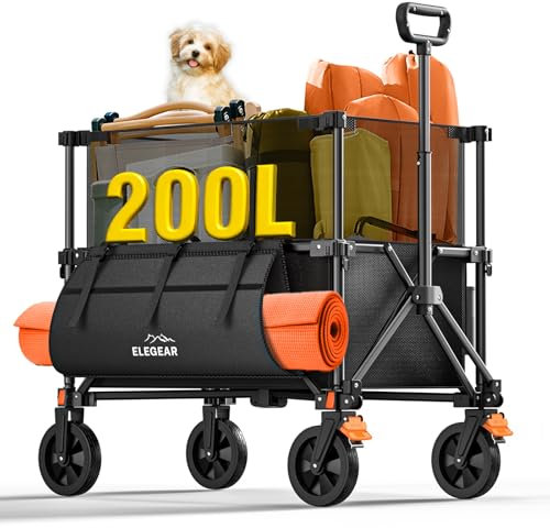 Elegear Bollerwagen Faltbar 100L 200L umschaltbar 200KG Belastbar, Beach Wagen mit Getränkehalter Seitentasche, 0,05 m³ Faltgröße, 15cm PVC Reifen, Transportwagen klappbar Handwagen Gartenwagen Strand
