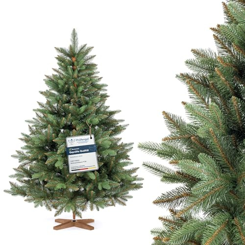 FAIRYTREES Weihnachtsbaum künstlich, Nordmanntanne Premium 150 cm, Naturgetreue Spritzguss Elemente, Künstlicher Weihnachtsbaum mit handgefertigtem Ständer aus Eschenholz