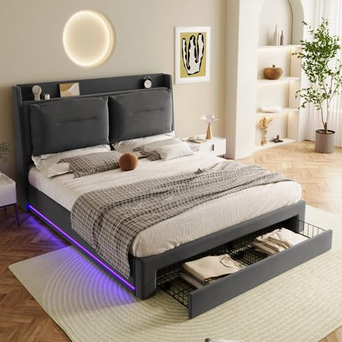 BTM King Size Velvet Bed Frame with 2-in-1 Storage Drawer and Hydraulic Box, LED Light Strips, Dark Grey 5ft-150x200cm, No Mattress