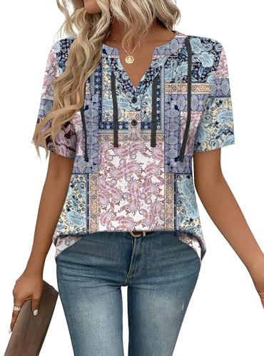 IECCP Bluse Damen Sommer Tunika Top Elegant Oberteile Kurzarm T-Shirt Lässig Tshirts V Ausschnitt Sommerbluse Boho M