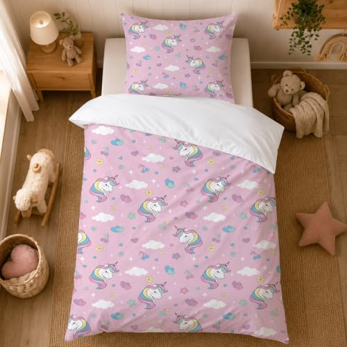 Caregchrisj Bettwäsche Kinder 135x200 Mädchen Einhorn Bettbezug und Kissenbezug 80X80cm für Kinder, Rosa Einhorn Motiv Kinderbettwäsche mit Reißverschluss