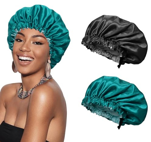Euqvunn 2Pièces Bonnet Satin Cheveux Nuit, Réglable avec Large Bande Élastique Bonnet en Satin, Double Face À Deux Couleurs, Adapté pour Protection Cheveux Longs/Raides/Bouclés (Noir Cyan)