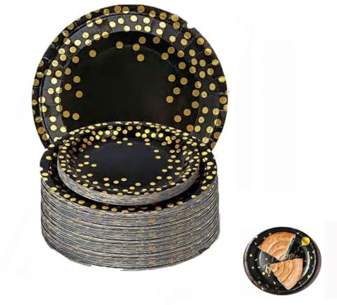 Wxinsheng 50 Pièces Vaisselle de Fête Noir et Or Assiettes Jetables en Carton,pour Anniversaire,Mariage,Baby Shower Noël Dîner