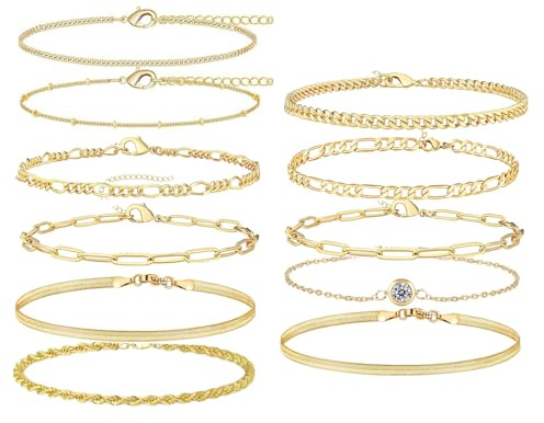 AYNKH 11 PCS Jeu Bracelets Acier Inoxydable Femmes, Bracelets Superposés Plaqués Or 14K,Bracelet Corde, Cubain,Figaro,Bracelet en Chaîne Perlée,Maillons Ajustables avec Pierres Rhinées Femmes Filles
