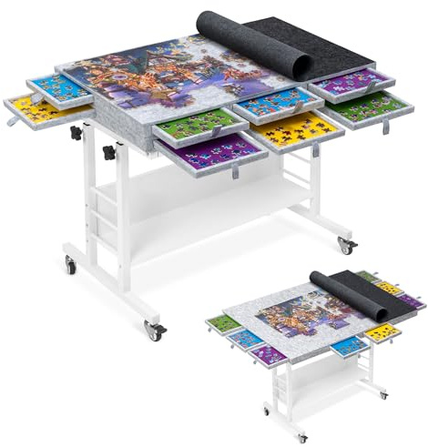 Tektalk Tavola puzzle pieghevole in feltro da 2000 pezzi, con regolazione dell'altezza, tavolo puzzle con 2 coperture in feltro e 8 vassoi per ordinare/cassetti, cavalletto con gambe, chiuso con 4