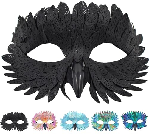 CWENDANER Elegante maschera per uccelli con piume, 5 colori, per carnevale, feste a tema e carnevale, colore nero