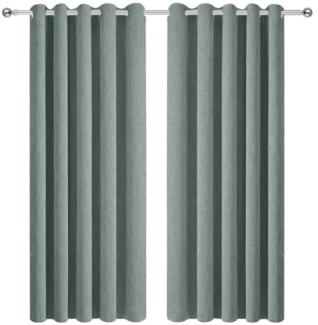 Aspire Homeware 100% Blackout Eyelet Curtains for Living Room Sage Green 66x72 Linen Curtains Super Soft Thermal Insulated Ring Top Curtain 2 Panels with Tiebacks