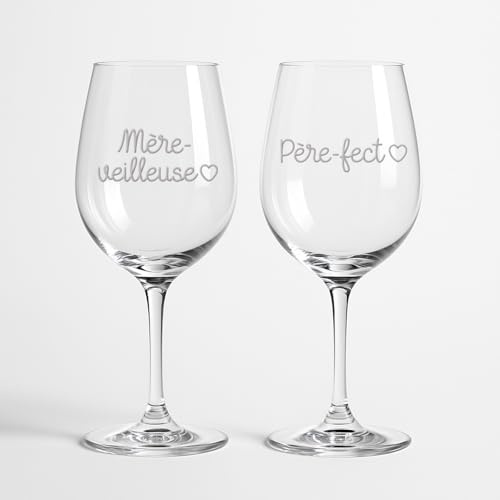 Coffret 2 Verres à Vin Gravés, Design Pèrefect et MèreVeilleuse, Cristal, Cadeau pour Parents, Set de Dégustation, verres gravés, duo de verre