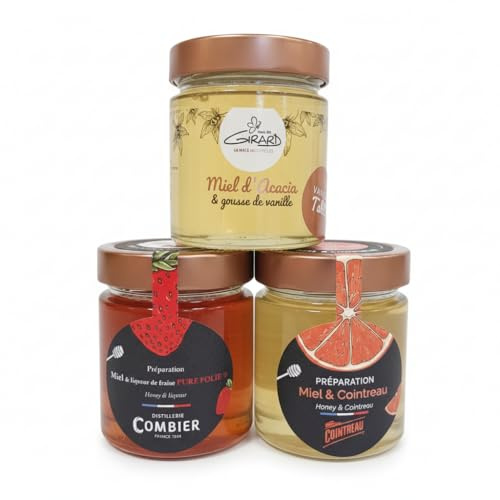 Miel Girard - Lot de 3 Miels - Asortiment Gourmand - Acacia et gousse de Vanille - Préparation Miel Cointreau - Préparation Liqueur de Fraise Pure folie - 3 pots de 250g