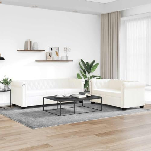 Mandloder Chesterfield Sofa Set 2-Sitzer & 3-Sitzer, Kunstleder Weiß, Wohnzimmer Couchgarnitur mit Knopfheftung, Loungesofa für Zuhause, Büro, Empfangsbereich