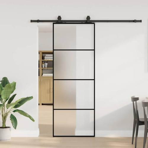 Sliding Door with Fitting, Black, 76 x 205 cm, Frosted ESG Glass, Inner Bearing, Low Noise, Space Saving for Bedroom, Kitchen, Garage, Bathtub