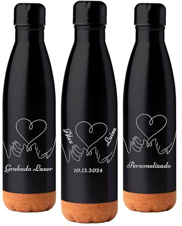 Botella de Agua Personalizada | Recuerdo Imborrable Grabado con Laser | Acero Inoxidable Doble Capa Asilante Sin BPA| Base de Corcho Muy Resistente 520ml (Modelo 1)